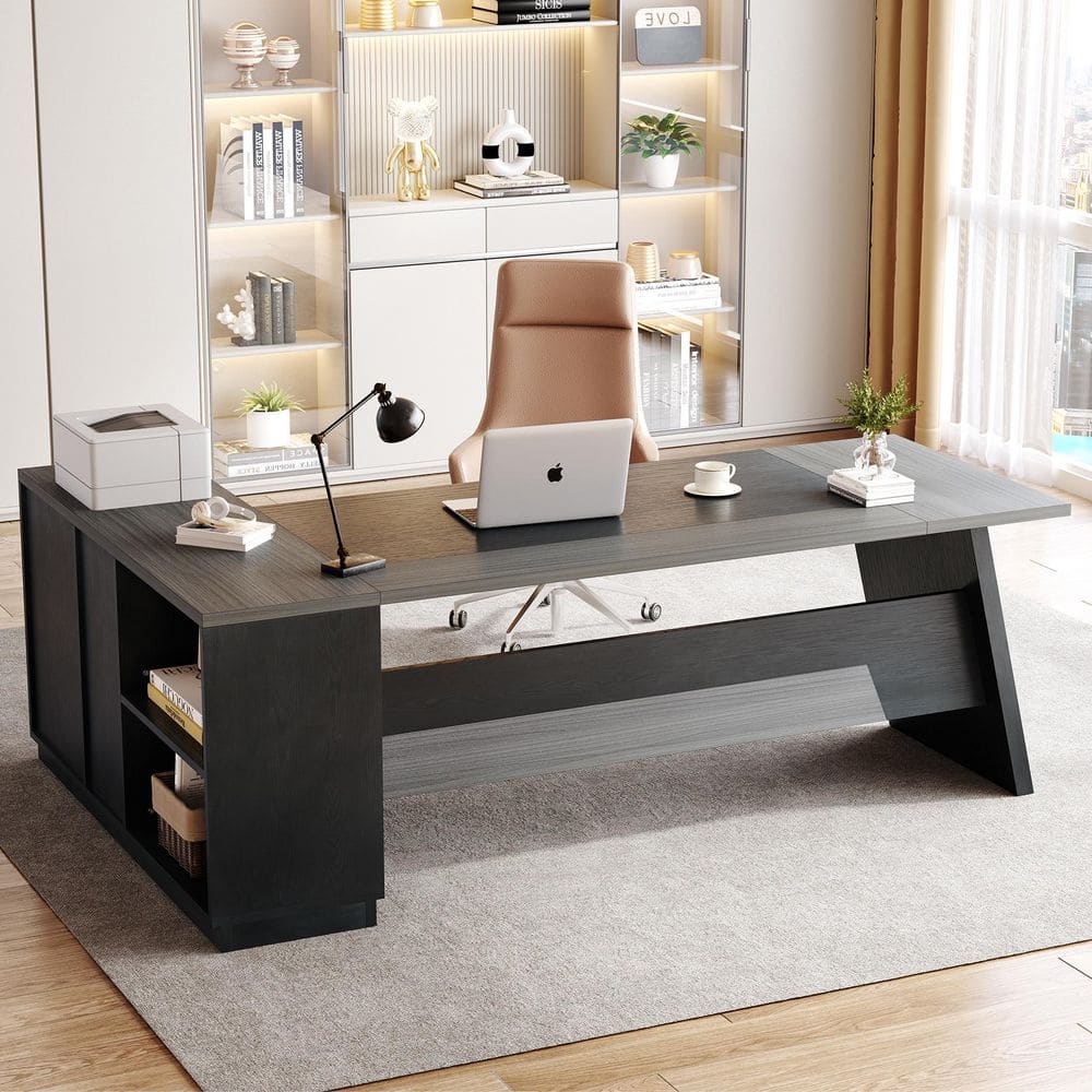 Capen 78.7 in. L Shape Gray and Black Wood 2-Drawer Executive Desk, Modern Computer Desk with Lateral File Cabinet