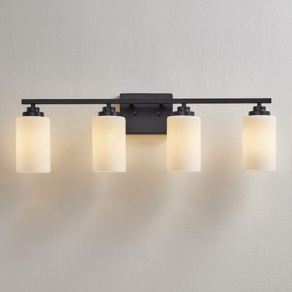KAWOTI 30 in. 4-Light Black Vanity Light with Frosted White Glass Shade