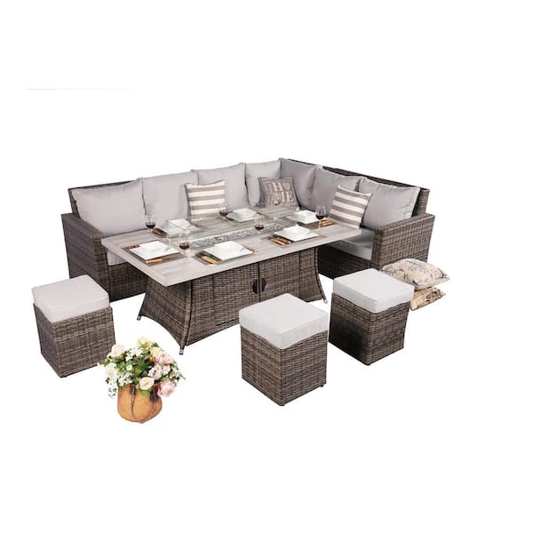 Daniela 8-Piece Wicker Patio Fire Pit Conversation Sofa Set with Gray Cushions