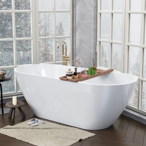 63 in. x 28.7 in. Acrylic Freestanding Bathtub Oval Shape Soaking Bathtub in Gloss White