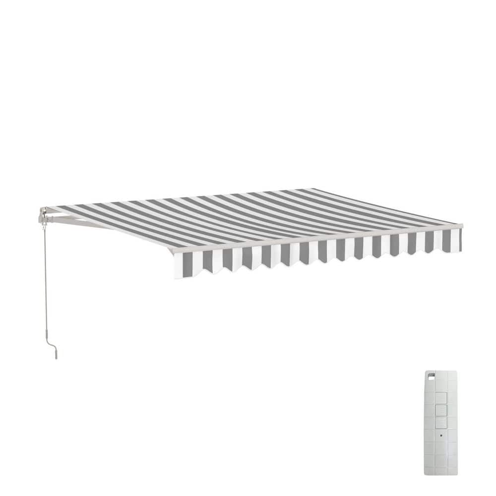 Gray and White Striped Motorized Retractable Patio Awning, 10' x 8'