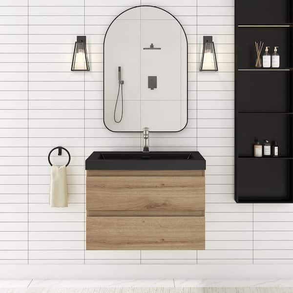30 in. W x 19.5 in. D x 20.5 in. H Wall-Mounted Bath Vanity in F. Oak with Black Quartz Top