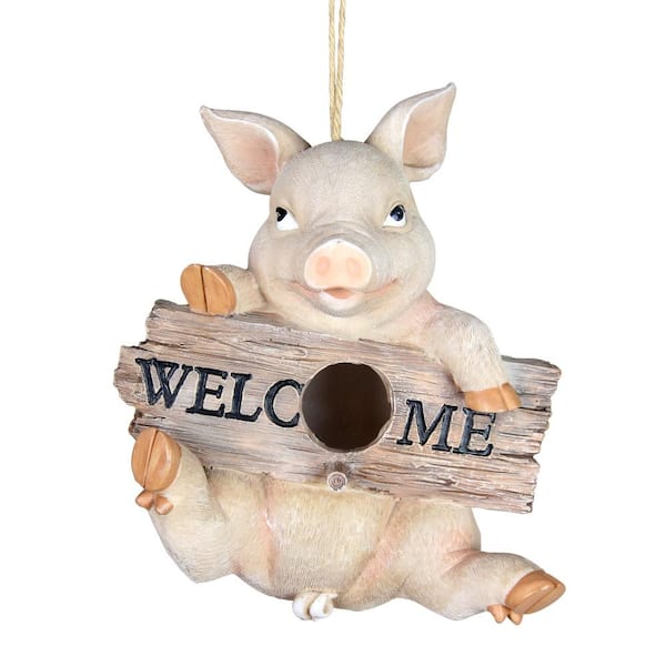 Exhart 7 in. x 8.5 in. x 5.5 in. Resin Hand Painted Hanging Pig with Welcome Sign Birdhouse
