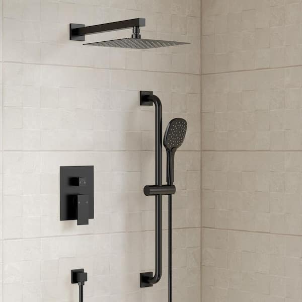 2-Spray Square High Pressure Adjustable Wall Bar Shower Kit with 3 Modes Hand Shower in Matte Black(Valve Included)
