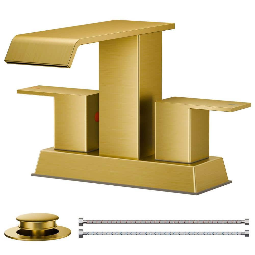 4 in. Centerset Double Handle Low Arc Bathroom Faucet with Pop-up Drain Included in Matte Gold price history on PriceWatchPro