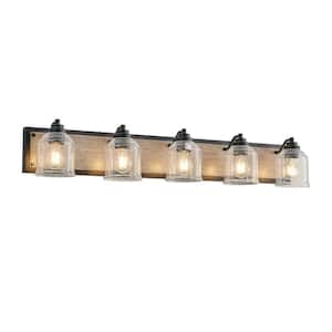 40 in. 5-Light Black Farmhouse Vanity Light Fixture with Brown Faux Wood Accent and Seeded Glass Shades