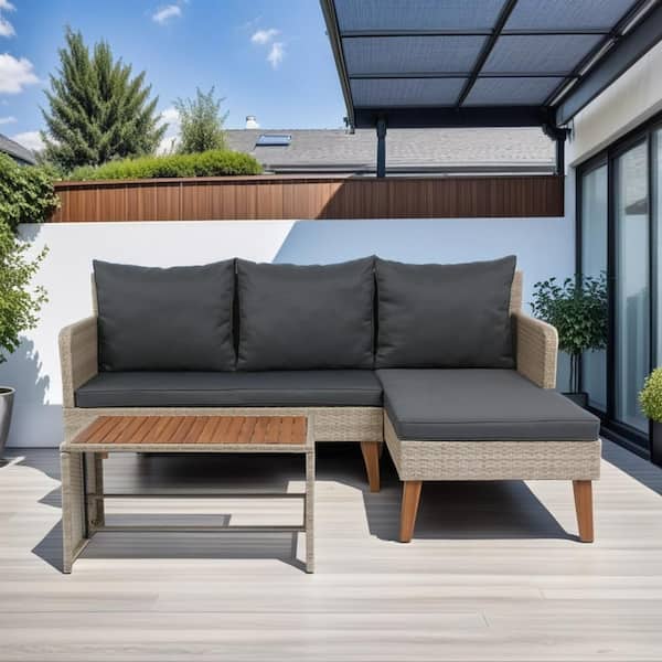 3 Piece Patio Sectional Wicker Rattan Outdoor Furniture Sofa Set Dark Gray Cushion