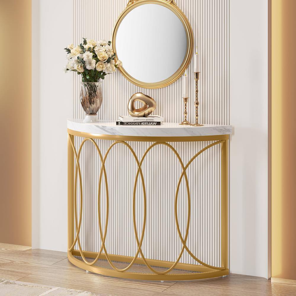 43" White Faux Marble and Gold Metal Half Moon Console Table