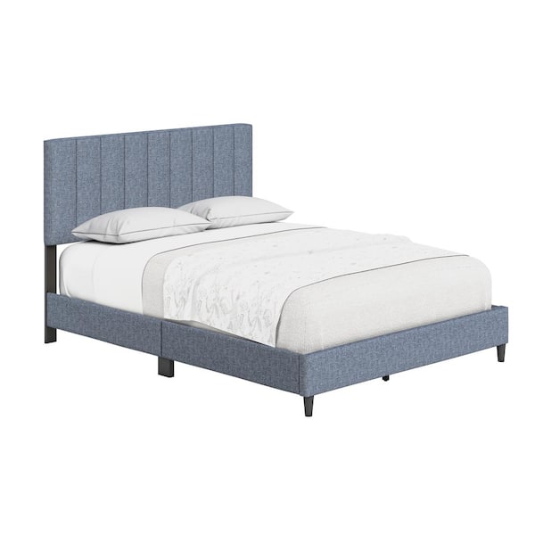 Leah Blue Linen Queen Size Fully Upholstered Platform Bed Frame with Adjustable Headboard