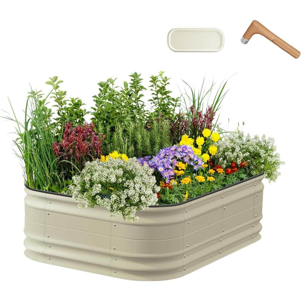 vego garden 17 in. Tall 6 in 1 Novel Modular Raised Garden Bed Kit Metal Planter Box w/2 in 1 Wrench Magnetic Plant Tags Pearl White