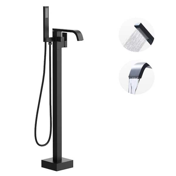 WOWOW Waterfall Single-Handle Freestanding Tub Faucet with Handshower, Floor Mounted Tub Filler Faucet in. Matte Black