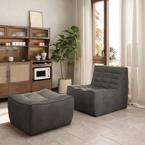 Magic Home Modern Black Linen Upholstered Fireside Accent Side Chair Set of 2 with Ottoman for Reading Living Room, Apartment