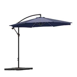 Bayshore 10 ft. Crank Lift Cantilever Hanging Offset Patio Umbrella in Navy Blue with Base Weights