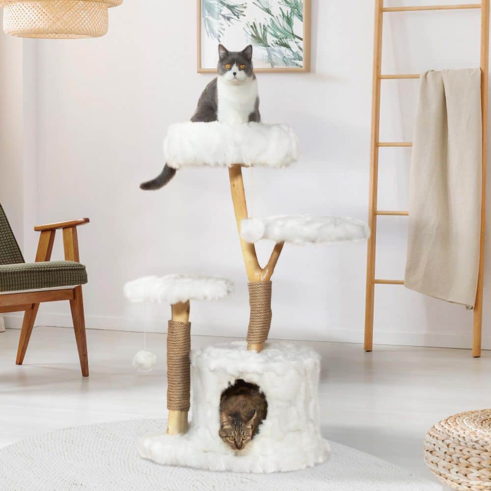 Natural Branch and White Plush 42" Cat Tree Tower with Scratching Posts