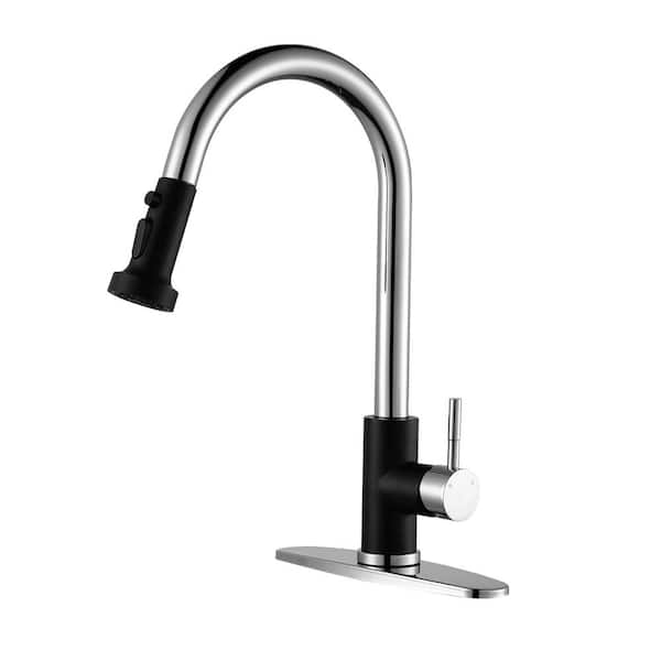 ALEASHA Single Handle Pull Down Sprayer Kitchen Sink Faucet in Black and Chrome