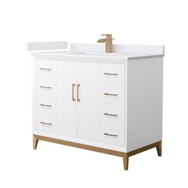 Wyndham Collection Amici 42 in. W x 22 in. D x 35.25 in. H Single Bath Vanity in White w/Satin Bronze Trim with White Cultured Marble Top