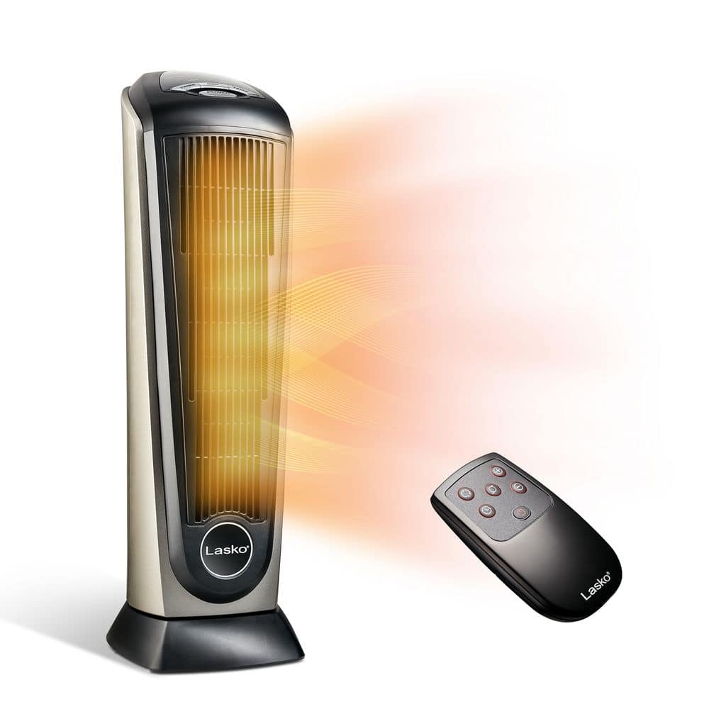 Lasko - Portable Ceramic Tower Space Heater with Remote Control - Black/Silver