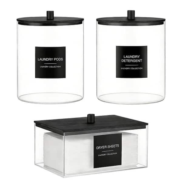 3-Pack Glass Jars and Acrylic Dryer Sheet Holder Set for Laundry Room Organization with Bamboo Lid and 27 Labels, Black