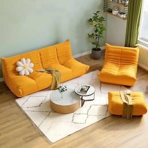 Modern 3-Piece Bean Bag Teddy Velvet Top Thick Seat Living Room Lazy Sofa in Yellow (1 Seater + 3 Seater + Ottoman )