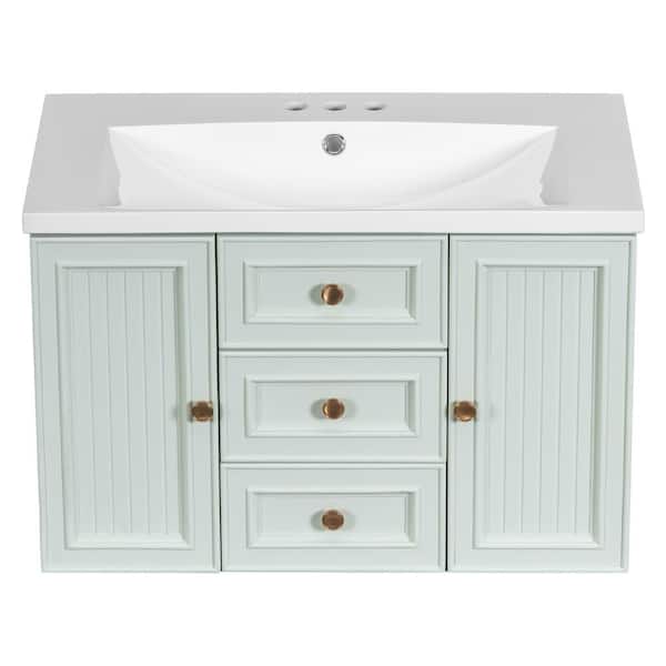Unbranded Wall Mounted 30 in. W x 18 in. D x 19 in. H Floating Bath Vanity in Green with White Ceramic Top