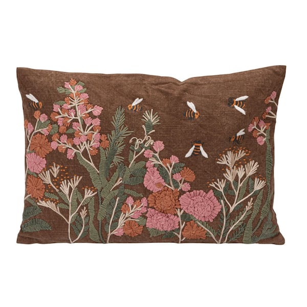 Multicolor Flowers and Bees Microfiber 20 in. x 14 in. Lumbar Throw Pillow