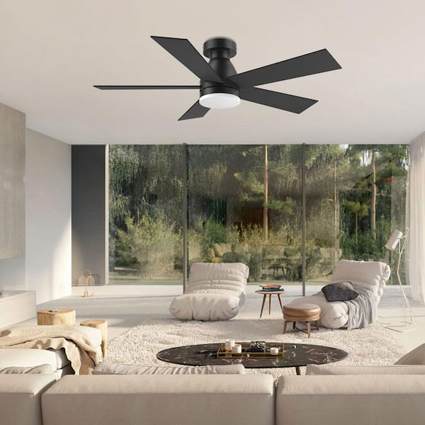 52 in. Black 5-Blades Flush Mount Standard Ceiling Fan with Light and Voice Control via Alexa Google WIFI App and Remote