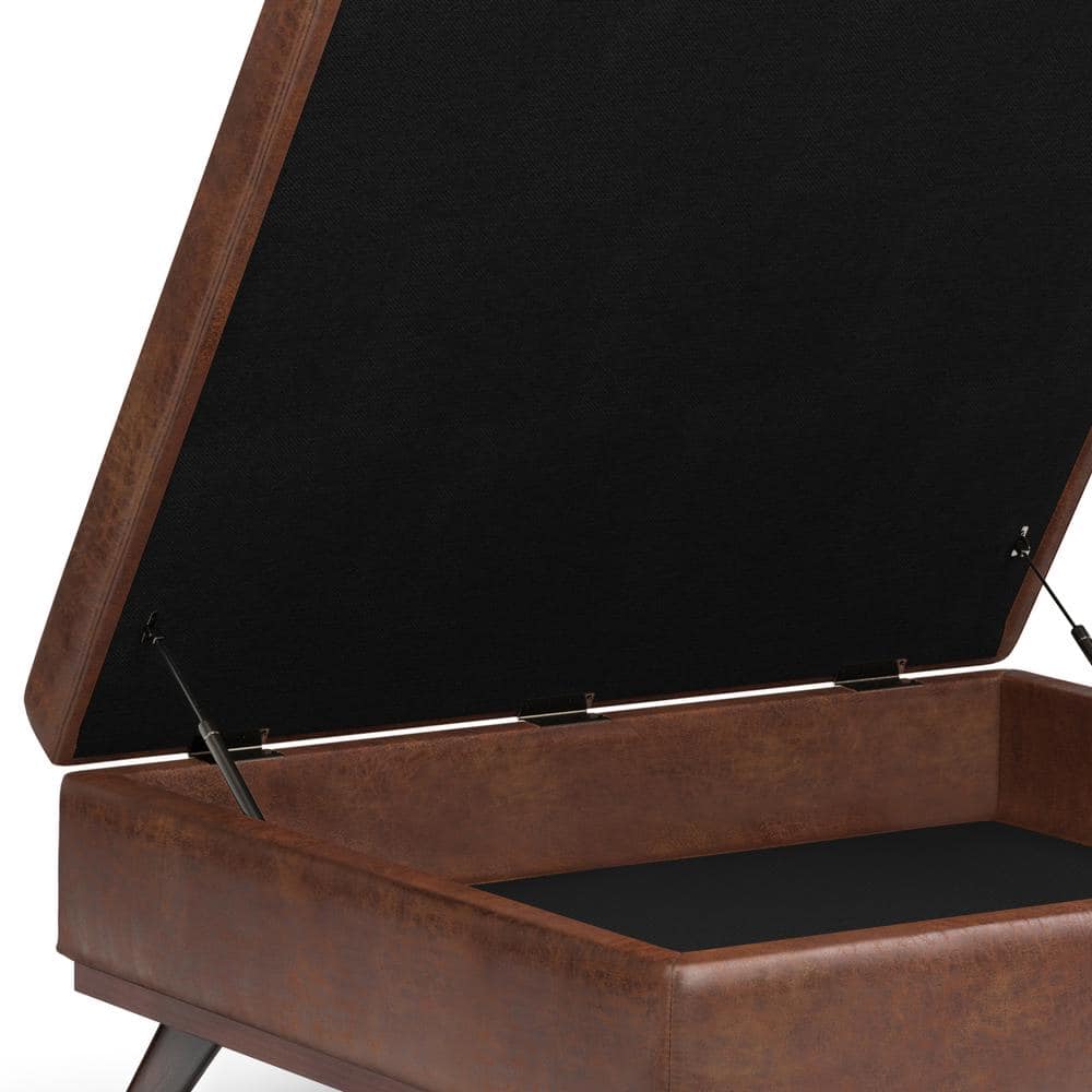 Owen Distressed Saddle Brown Faux Leather Lift Top Storage Ottoman