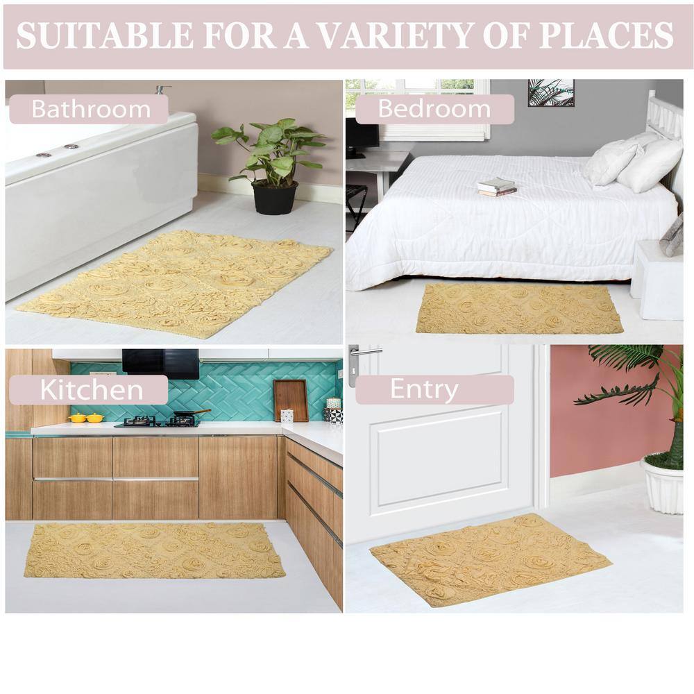 Modesto Yellow Cotton Bath Rug with Rose Design, 17x24