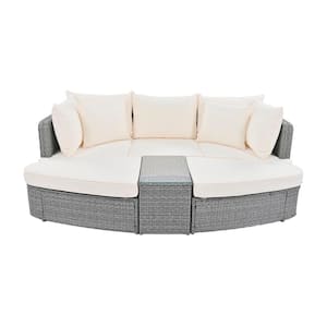 Beige 6-Piece Patio Wicker Outdoor Sectional Set Conversation with Brown Cushions and Coffee Table for Lawn, Poolside
