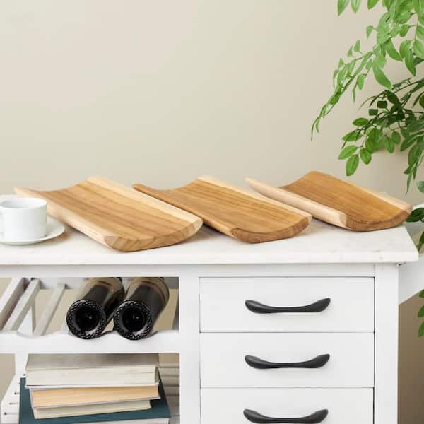 Litton Lane Brown Handmade Teak Wood Minimalistic Curved Decorative Tray Set of 3