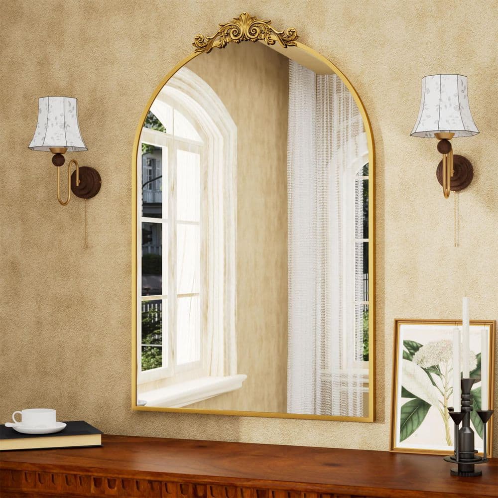 XRAMFY Gold 24 in. W x 36 in. H Modern Arched Carved Aluminum Alloy Framed Decoration Wall Mirror WMHTBY2436GD