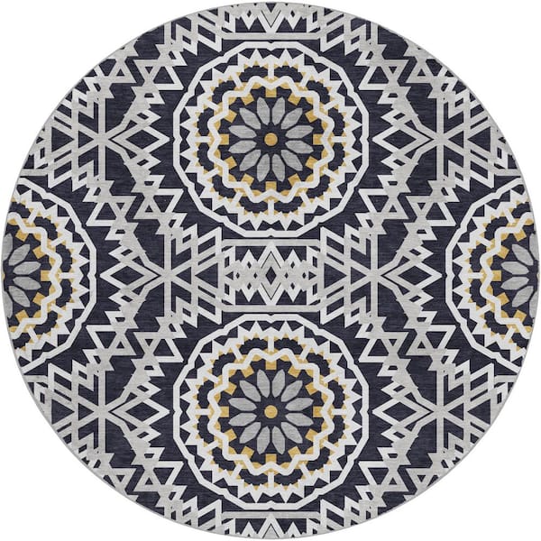 Dream Shag Premium Machine Washable Abstract ADS619 Black 8 ft. x 8 ft. Round Rug