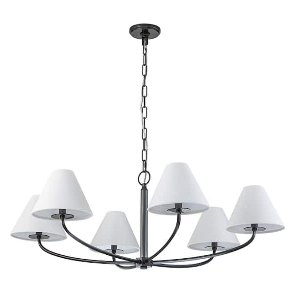 6-Light Black Mid-Century Modern Curved-Style Chandelier for Living Room with White Linen Shade and No Bulb Included