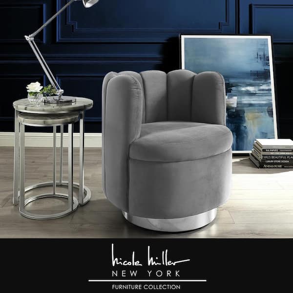 Nicole Miller Stefan Light Grey/Chrome Velvet Accent Chair with Upholstered Armless