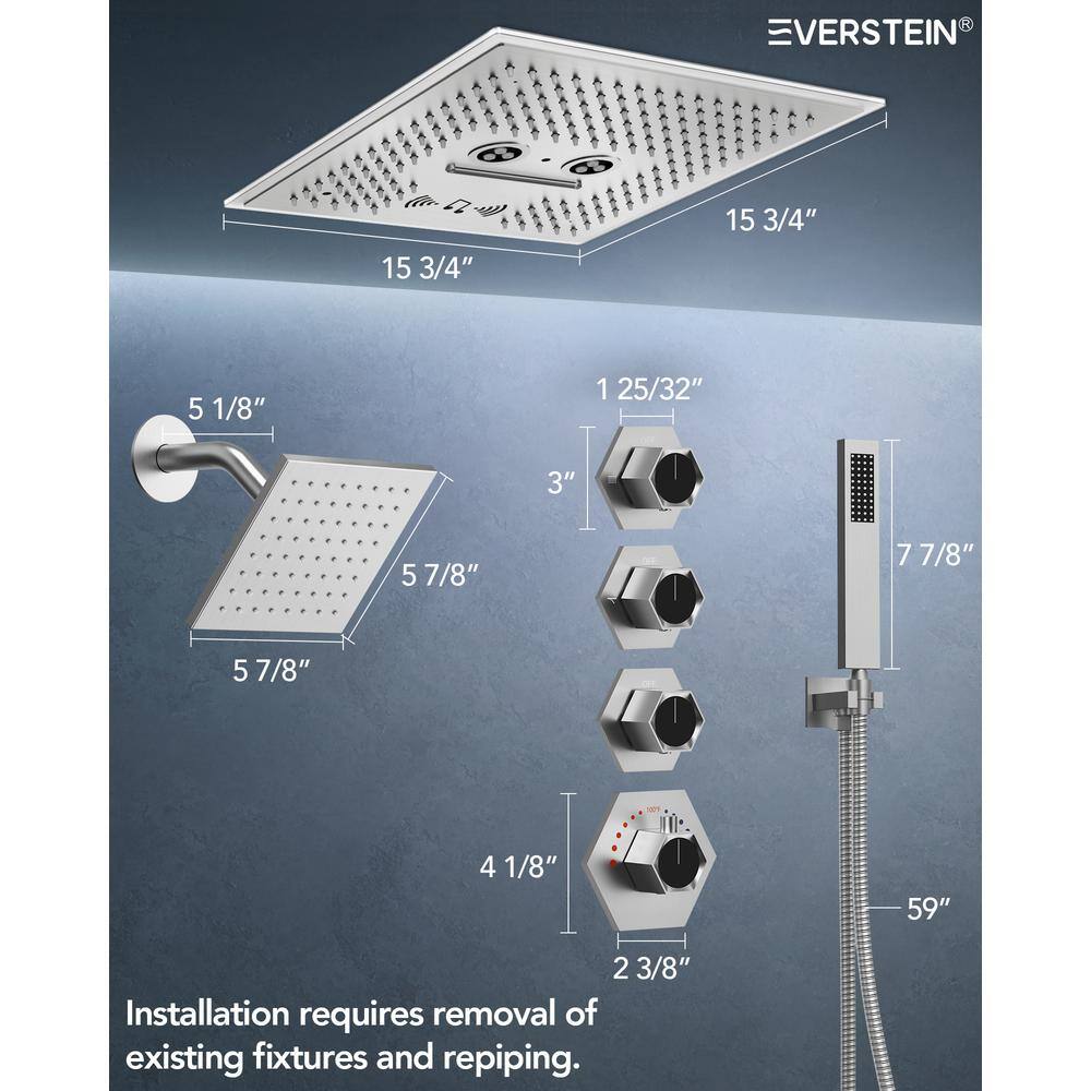 Brushed Nickel LED Thermostatic Dual Showerheads with Bluetooth Speaker