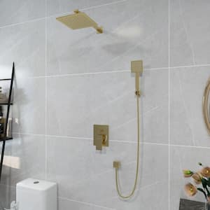 1-Spray Patterns 9 in. Wall Mount Square Dual Shower Heads High Pressure Shower Faucet in Brushed Gold
