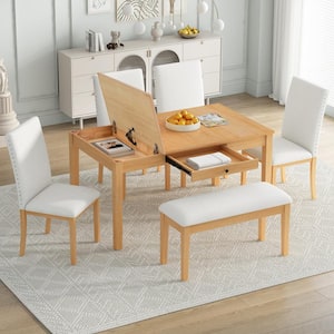 6-Piece Natural Wood Top Dining Set with a Drawer, Storage Bench, 2-Flip-top Boxes and 4-Beige Upholstered Chairs
