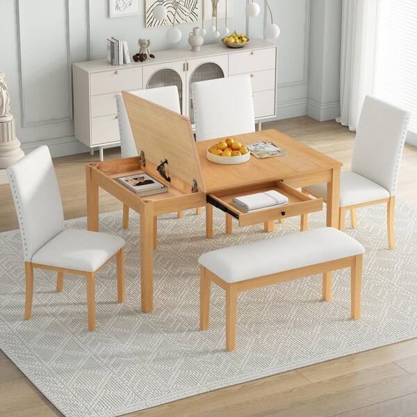 Harper & Bright Designs 6-Piece Natural Wood Top Dining Set with a Drawer, Storage Bench, 2-Flip-top Boxes and 4-Beige Upholstered Chairs