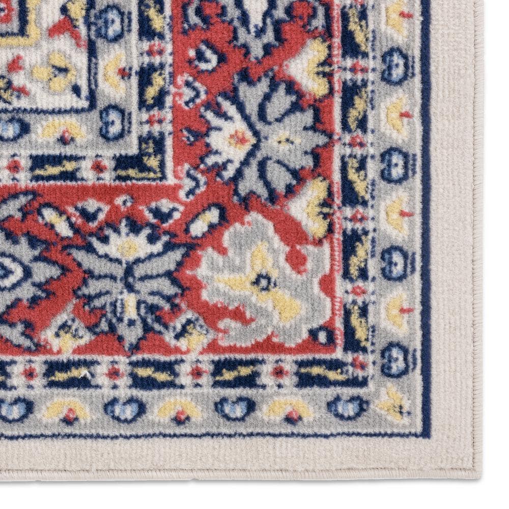 Ivory and Red Synthetic Traditional Medallion Area Rug