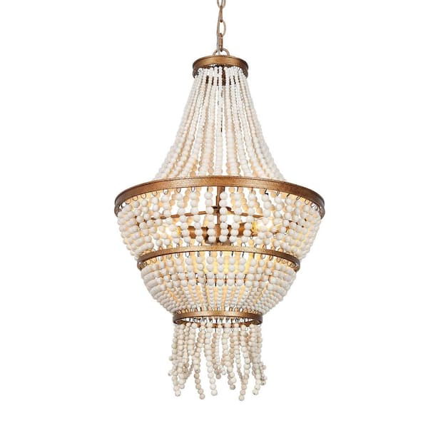 3-Light Antique Gold Drum Chandelier with Weathered White Wood Beads