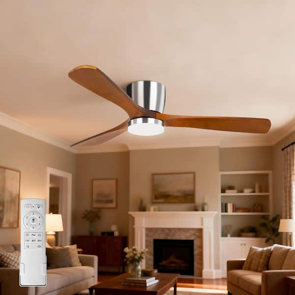 52 in. Silver Flush Mount Ceiling Fan with light, 3-Reversible Brown Blades, 6-Speeds Reversible DC Motor