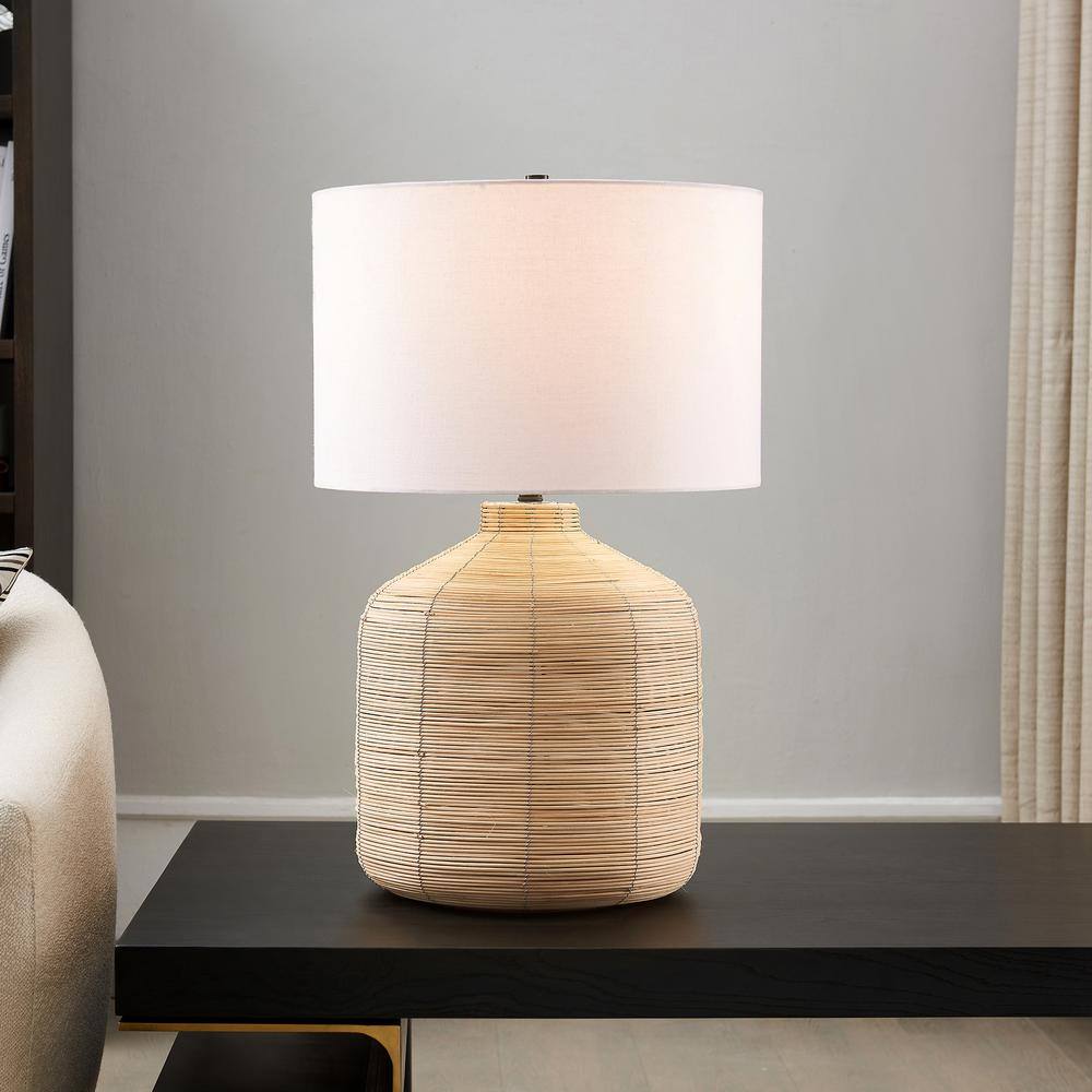 Oversized Natural Rattan Table Lamp with White Drum Shade