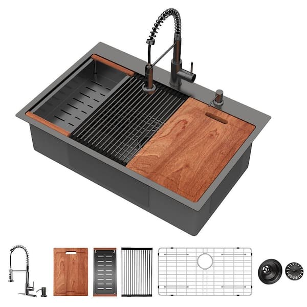 33 in. Drop-in/Topmount Single Bowl 16 Gauge Gunmetal Black Stainless Steel Workstation Kitchen Sink with Faucet