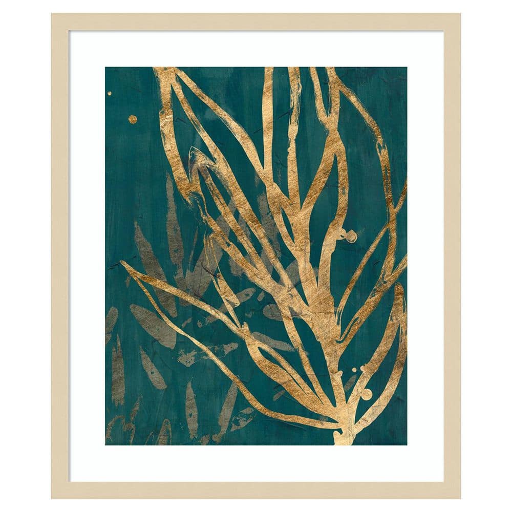 Golden Botanical Leaves on Teal Background Wood Framed Wall Art, 21 x 25 in.