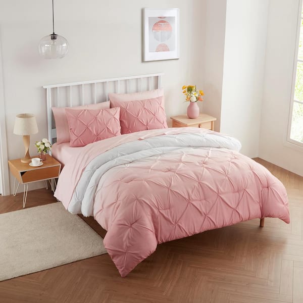Loralie 7-Piece Ombre Pintuck Blush Microfiber Bed In a Bag Complete Bedding Set, Queen