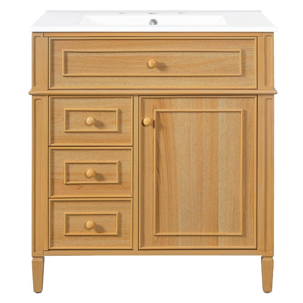 30 in. W Wood Freestanding Bath Vanity with White Ceramic Top Sink,Flip-Out Drawer,1 Soft-Close Door