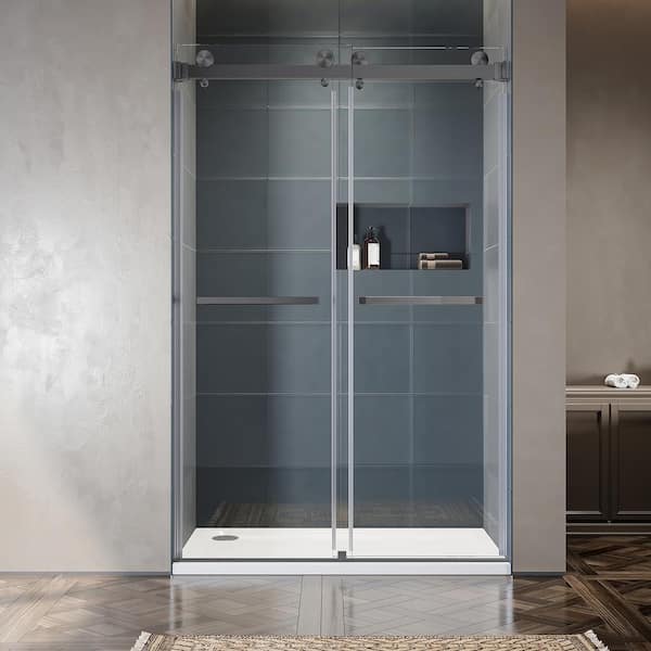 UNIKOO UKD01 51 in. to 55 in. W x 76 in. H Double Sliding Frameless Shower Door in Space Gray, EnduroShield 3/8 in. Clear Glass