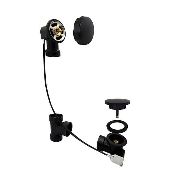 27 in. Cable Drive Bath Drain Trim with Rotary Overflow Cover, Pop-Up Stopper - Sch. 40 ABS Fittings, Matte Black