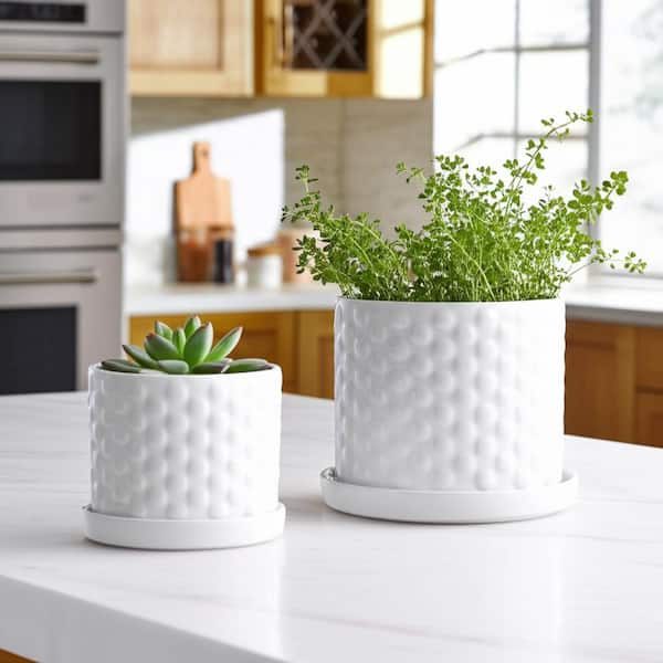 10 in. and 12 in. White Ceramic Round Small Bubble Decorative Pots (Set of 2)