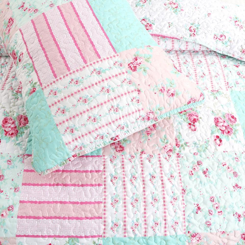 Pink and Aqua Floral Microfiber Reversible Queen Quilt Set